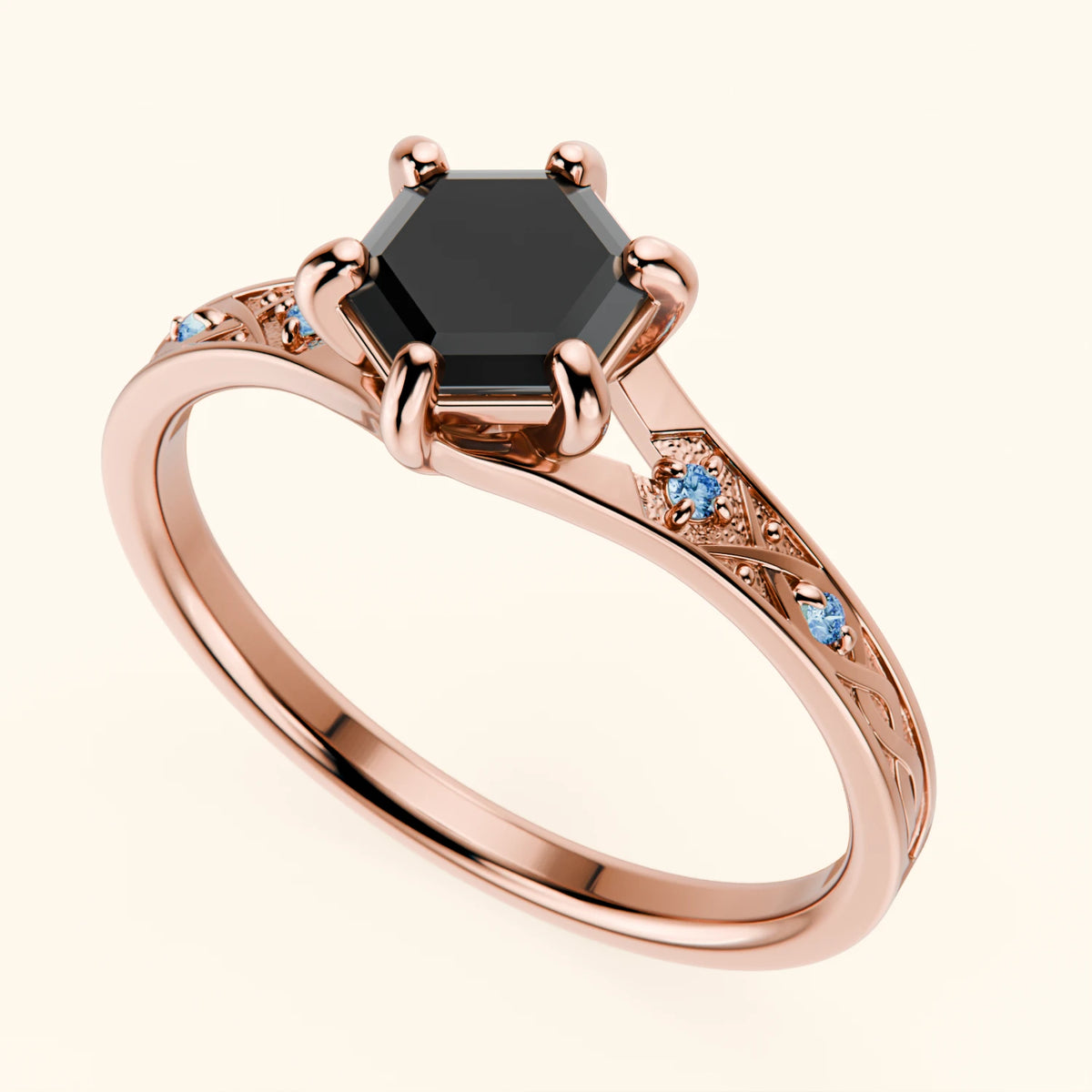 Engagement Ring Prisme - 0.9ct Black Diamond with Lab Blue Diamond Side Stones