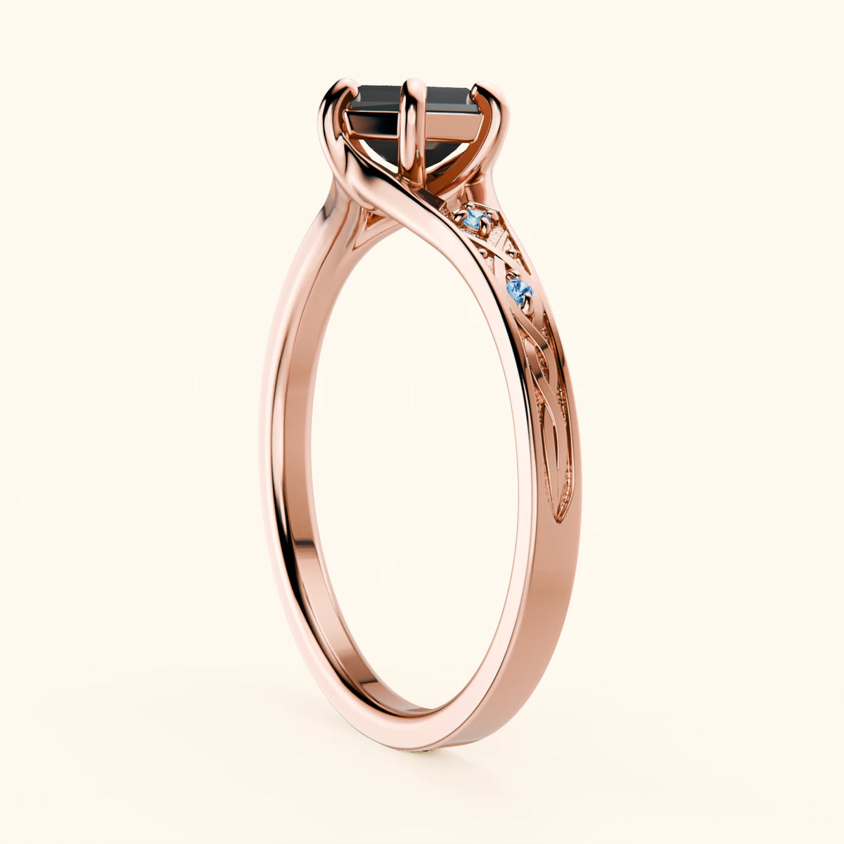 Engagement Ring Prisme - 0.9ct Black Diamond with Lab Blue Diamond Side Stones