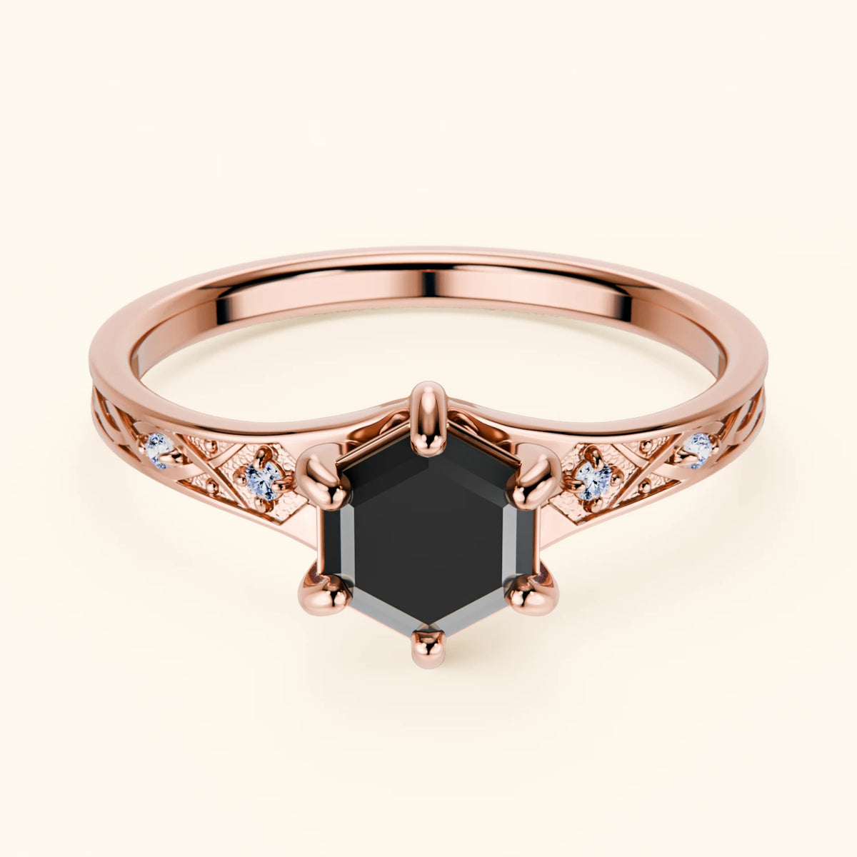 Engagement Ring Prisme - 0.9ct Black Diamond with Natural Diamond Side Stones