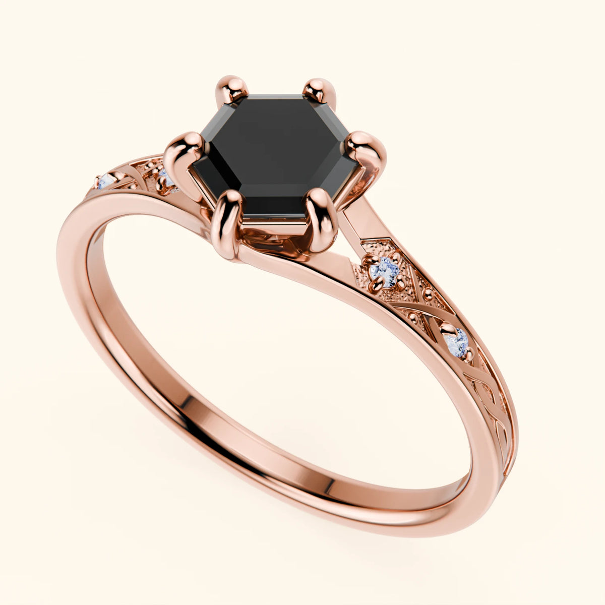 Engagement Ring Prisme - 0.9ct Black Diamond with Natural Diamond Side Stones