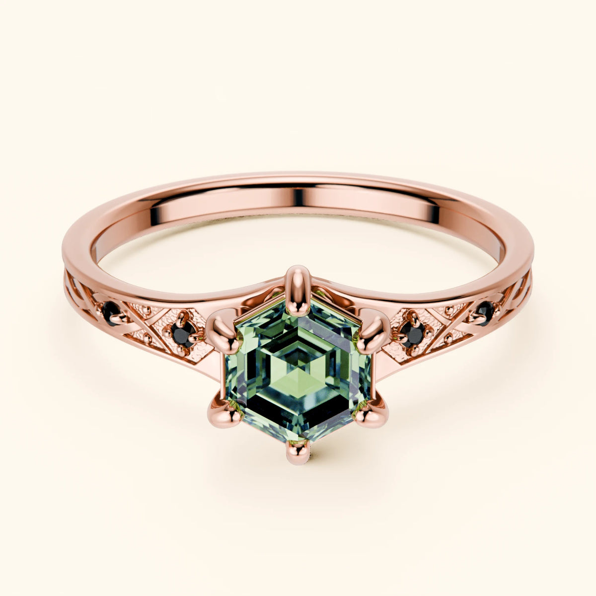 Engagement Ring Prisme - 0.9ct Lab Green Diamond with Black Diamond Side Stones