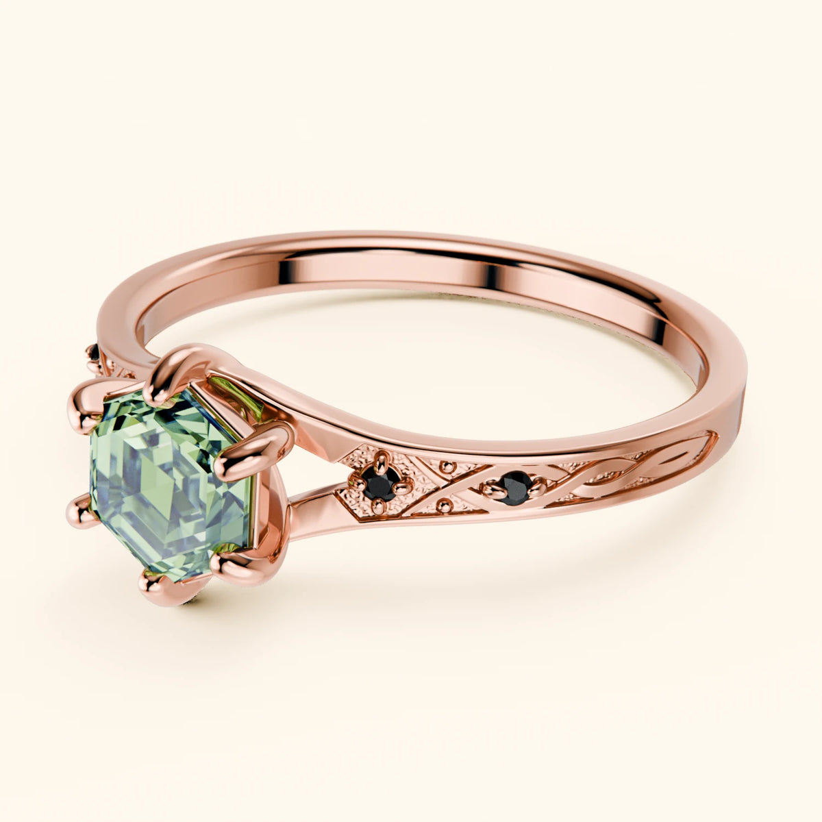 Engagement Ring Prisme - 0.9ct Lab Green Diamond with Black Diamond Side Stones