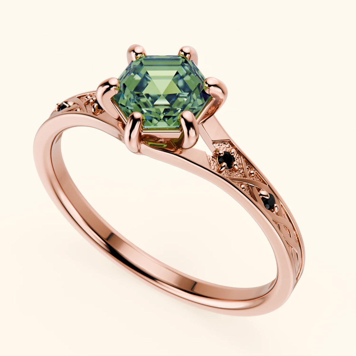 Engagement Ring Prisme - 0.9ct Lab Green Diamond with Black Diamond Side Stones