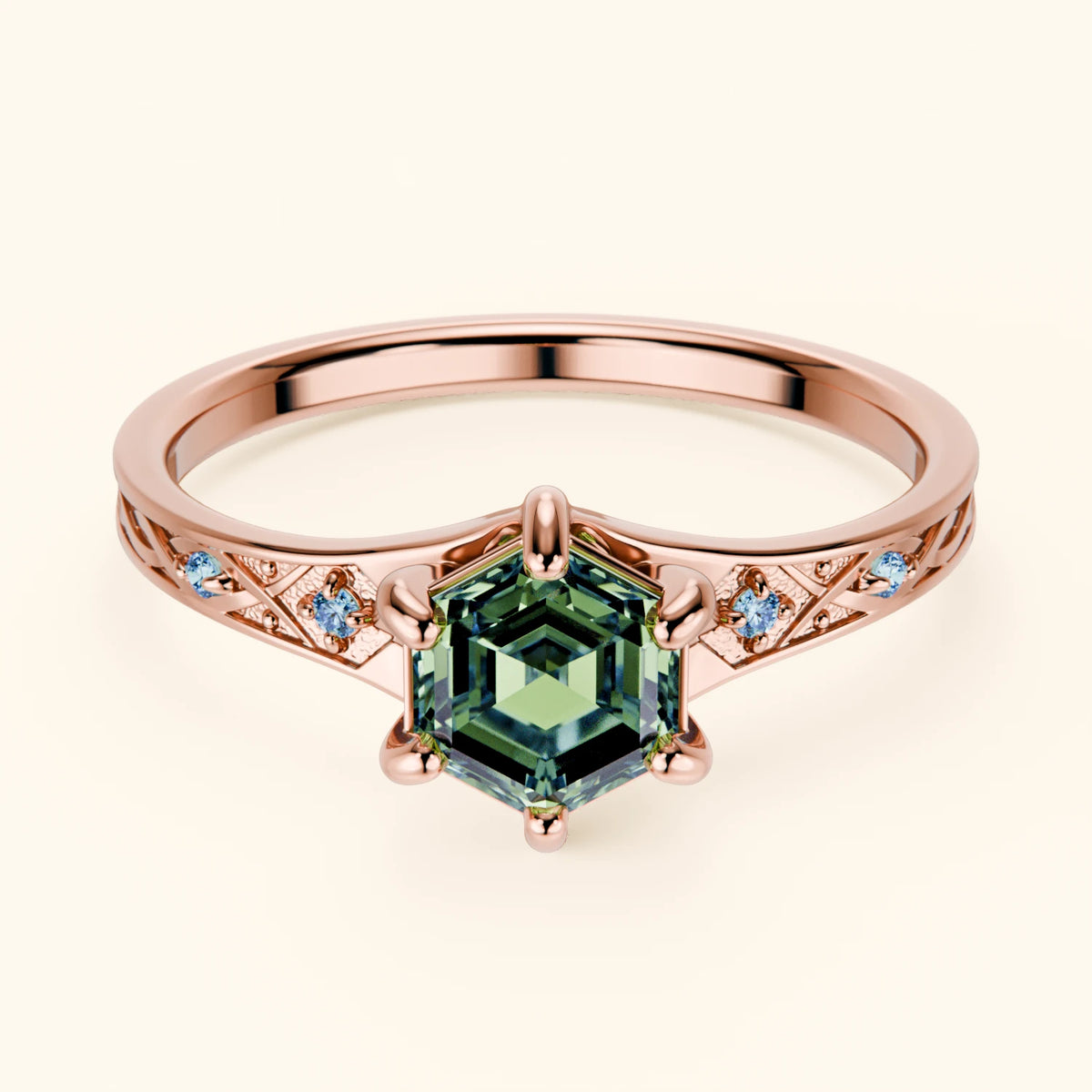 Engagement Ring Prisme - 0.9ct Lab Green Diamond with Lab Blue Diamond Side Stones