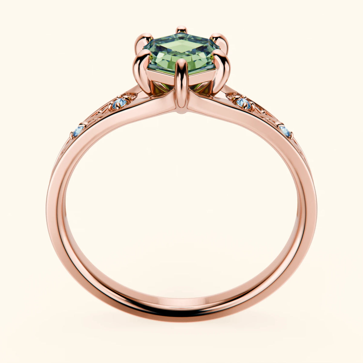 Engagement Ring Prisme - 0.9ct Lab Green Diamond with Lab Blue Diamond Side Stones