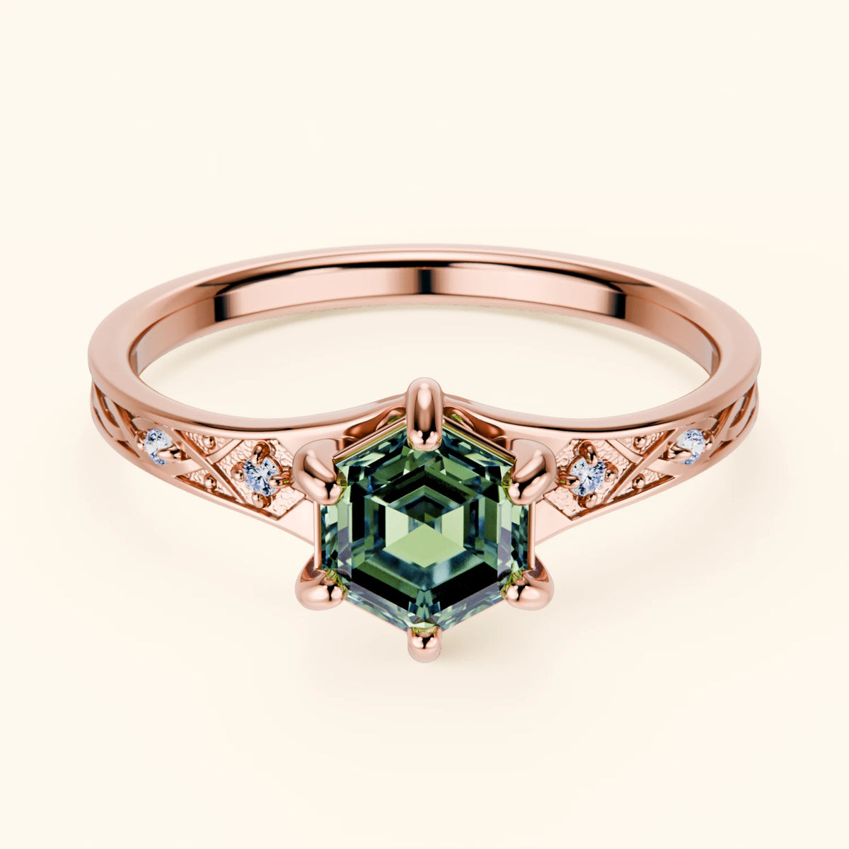 Engagement Ring Prisme - 0.9ct Lab Green Diamond with Natural Diamond Side Stones