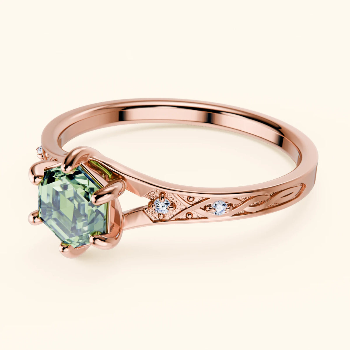 Engagement Ring Prisme - 0.9ct Lab Green Diamond with Natural Diamond Side Stones