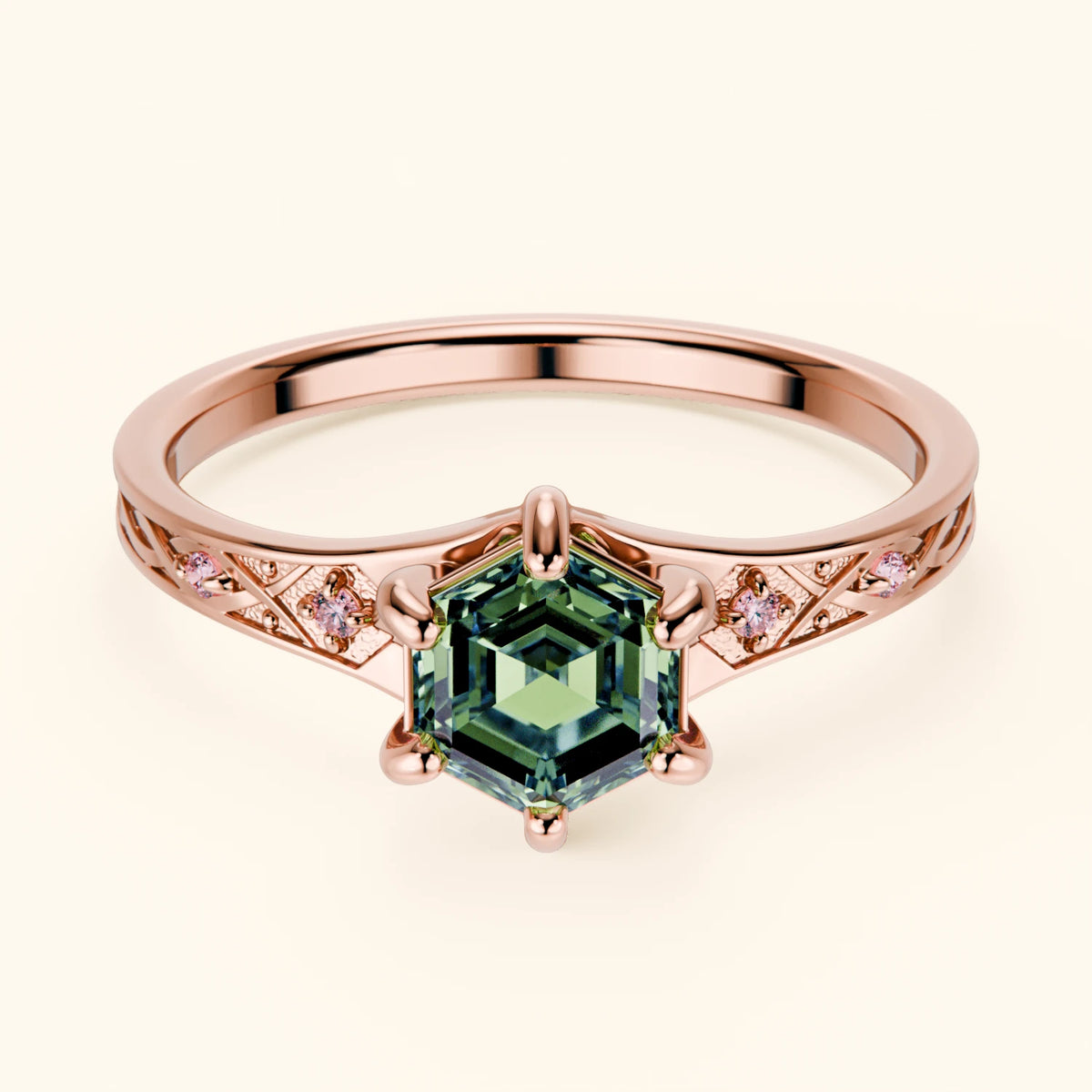 Engagement Ring Prisme - 0.9ct Lab Green Diamond with Lab Pink Diamond Side Stones