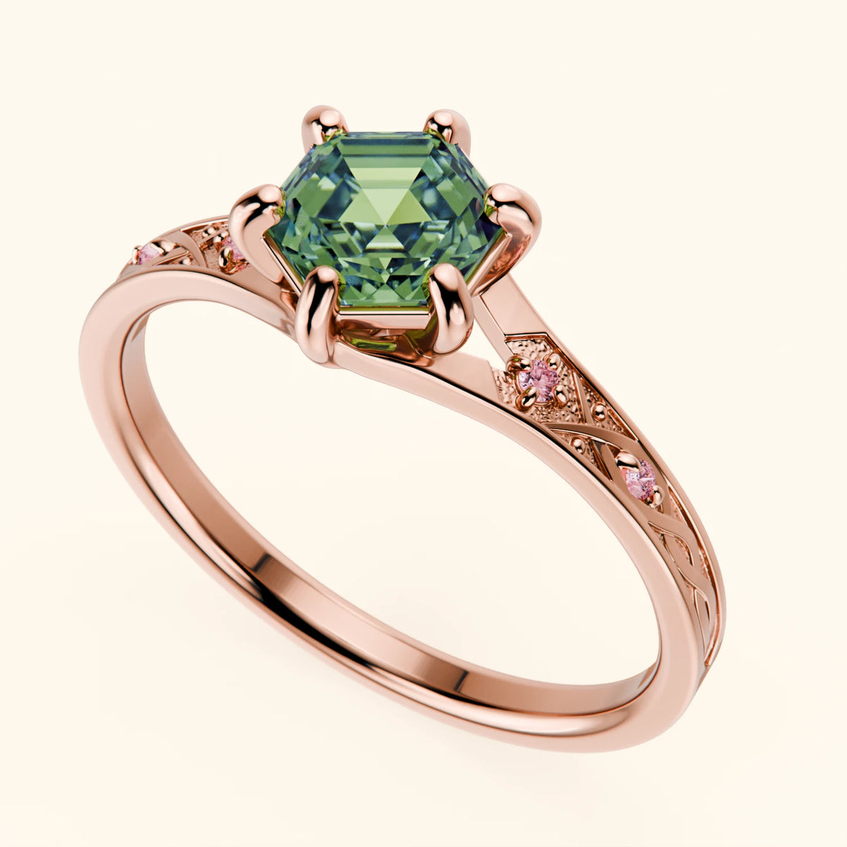 Engagement Ring Prisme - 0.9ct Lab Green Diamond with Lab Pink Diamond Side Stones