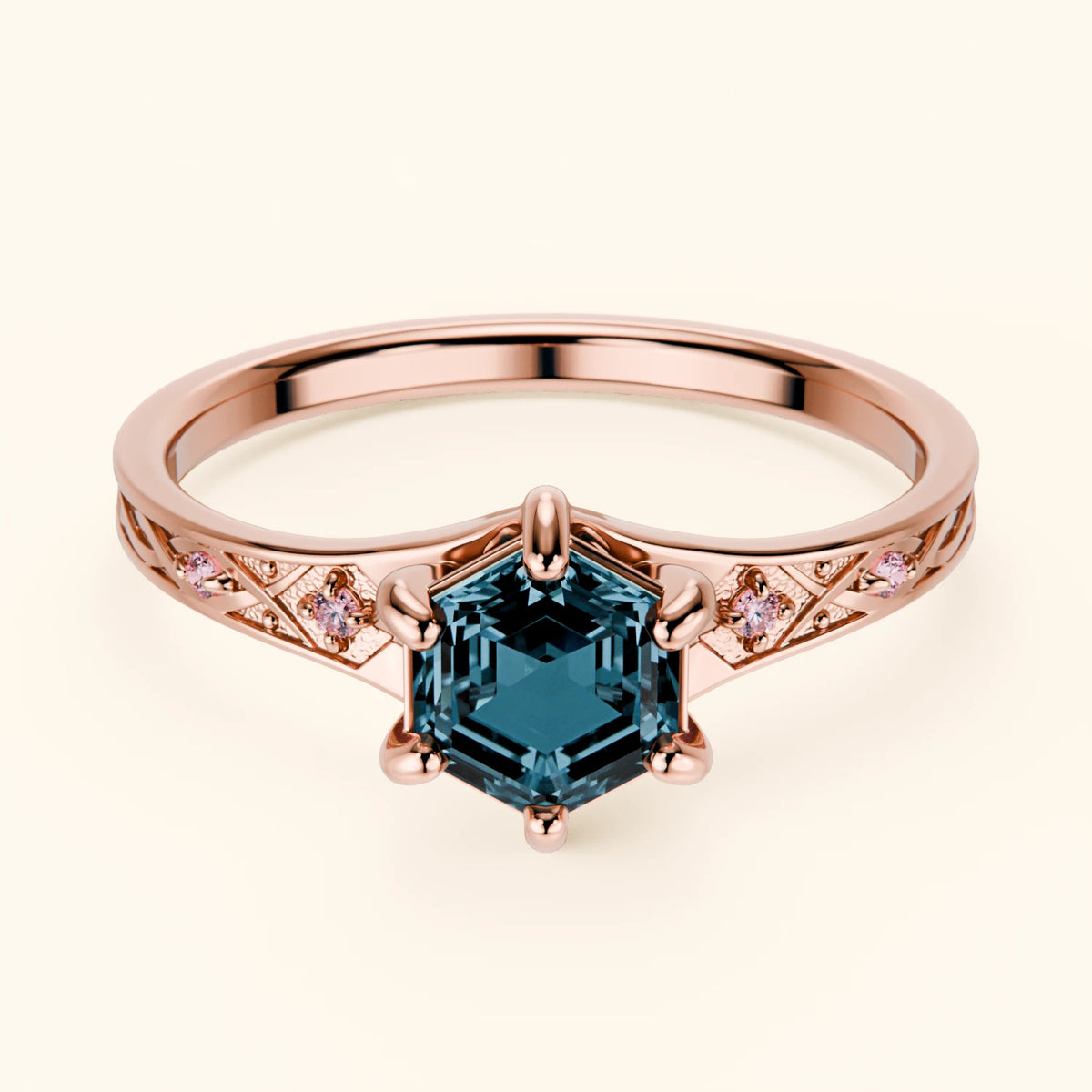 Engagement Ring Prisme - 0.70ct London Blue Topaz with Lab Pink Diamond Side Stones
