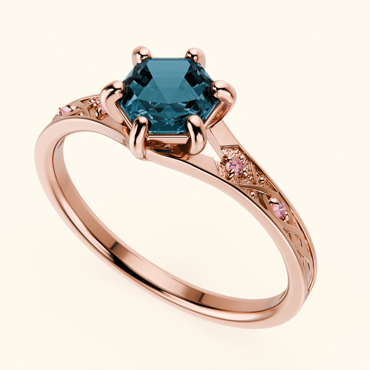 Engagement Ring Prisme - 0.70ct London Blue Topaz with Lab Pink Diamond Side Stones