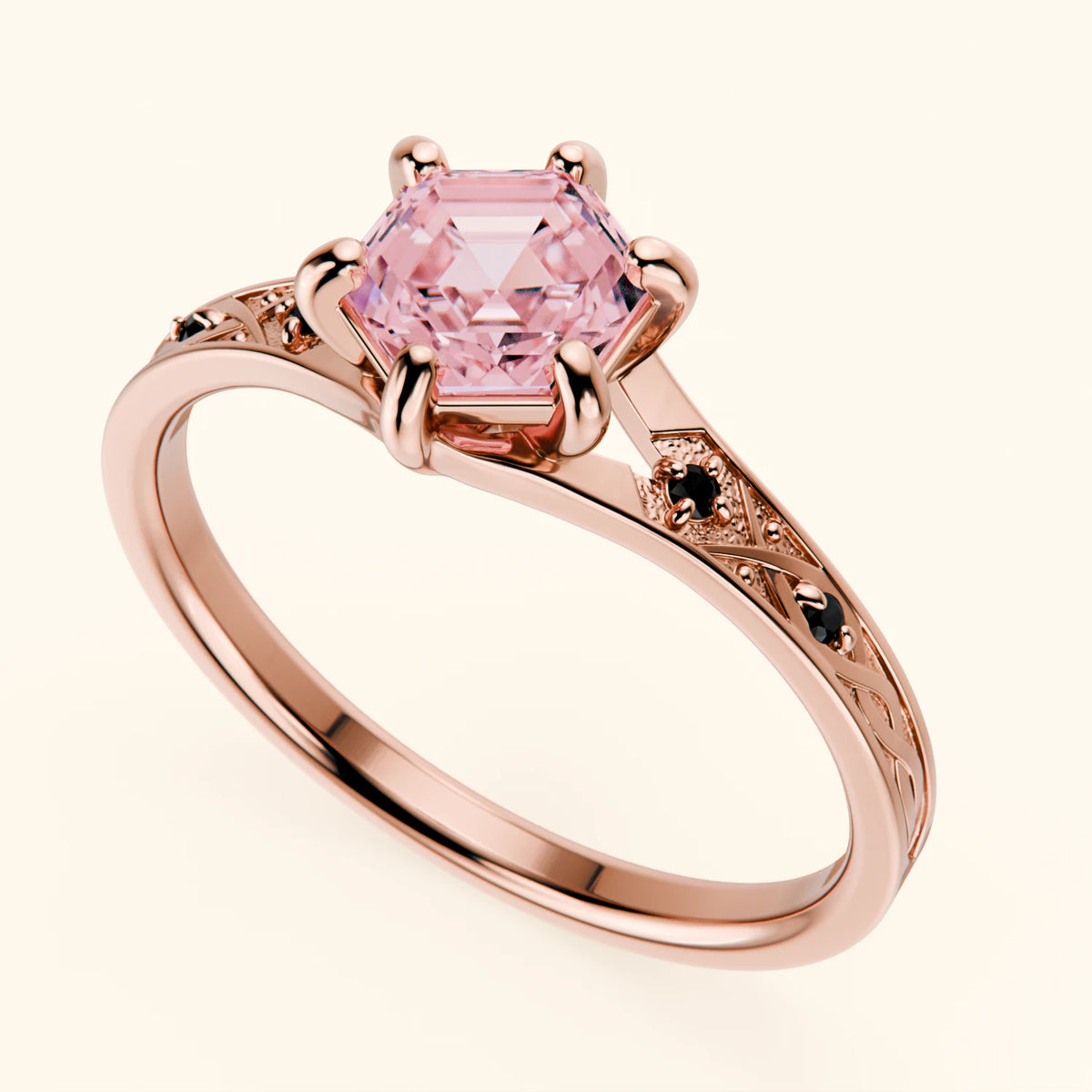 Engagement Ring Prisme - 0.9ct Lab Pink Diamond with Black Diamond Side Stones