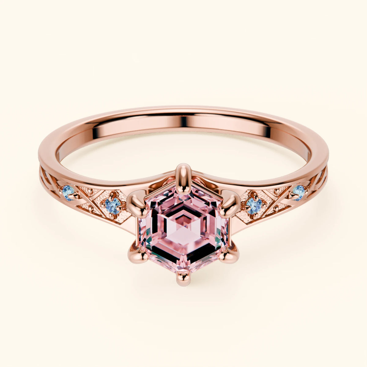 Engagement Ring Prisme - 0.9ct Lab Pink Diamond with Lab Blue Diamond Side Stones