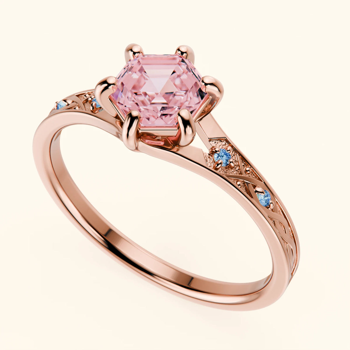 Engagement Ring Prisme - 0.9ct Lab Pink Diamond with Lab Blue Diamond Side Stones