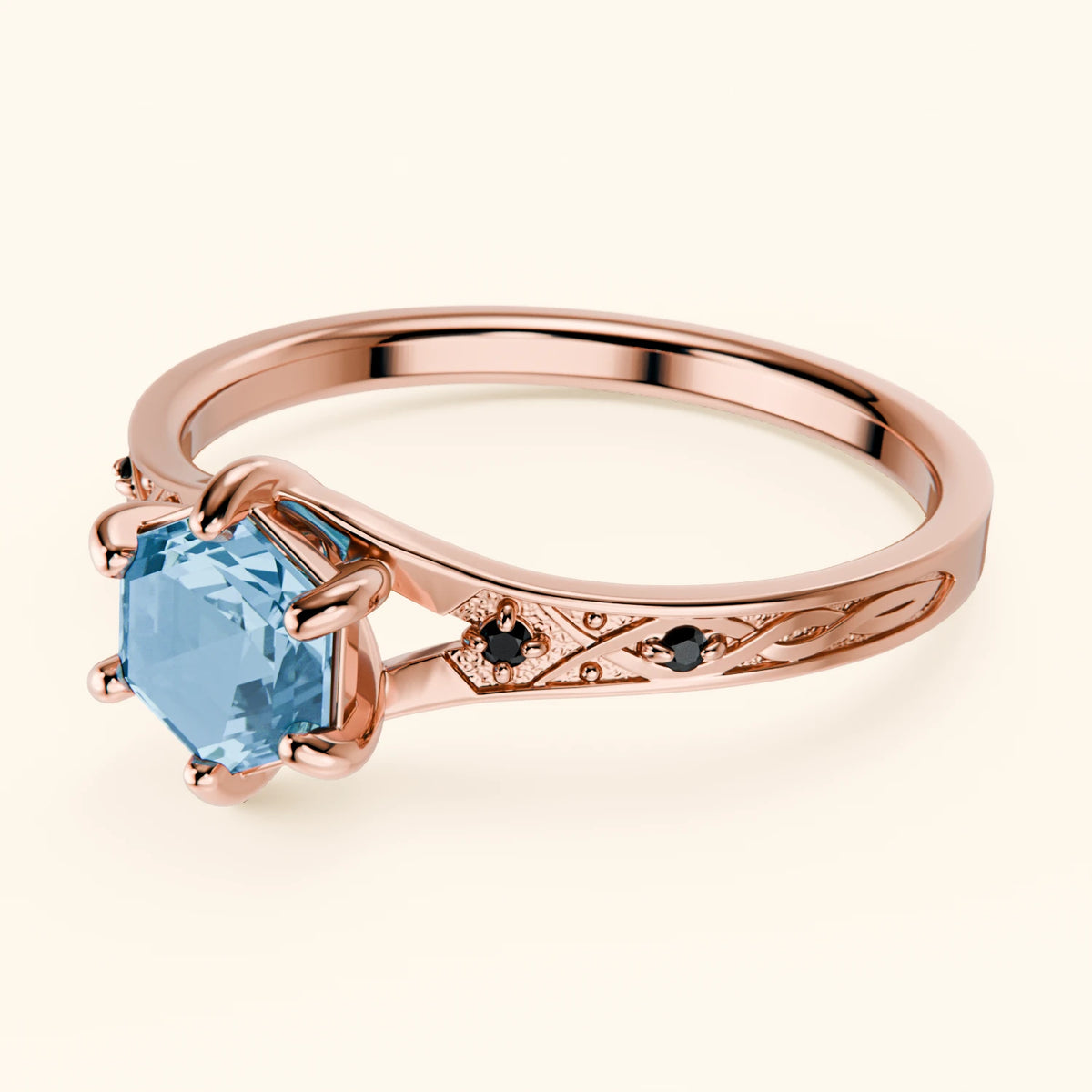Engagement Ring Prisme - 0.70ct Swiss Blue Topaz with Black Diamond Side Stones