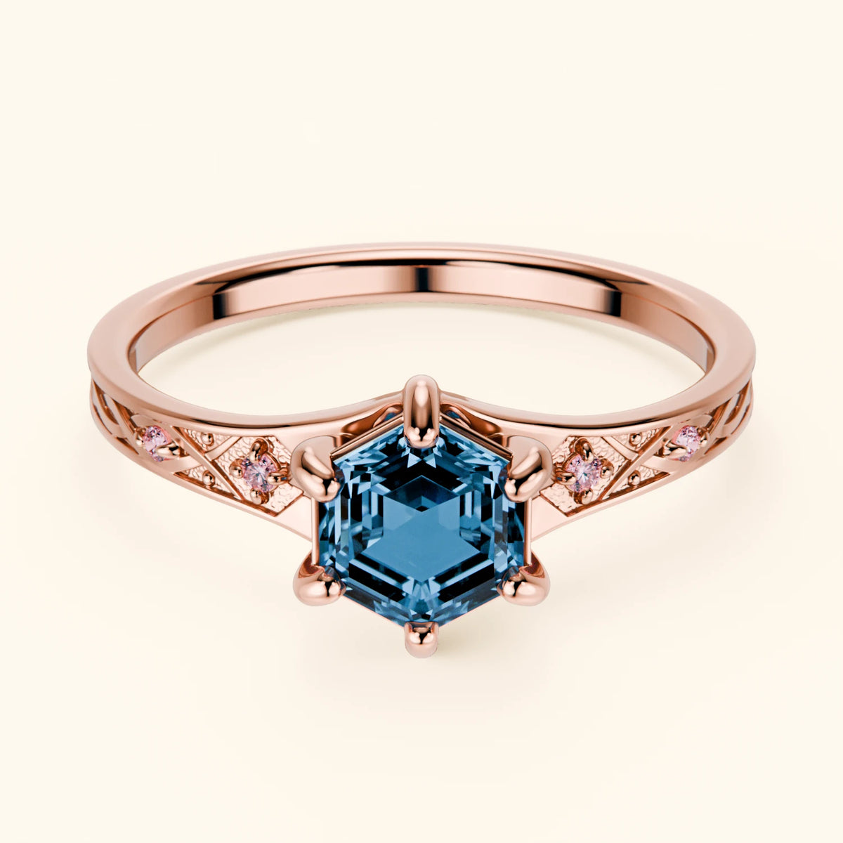 Engagement Ring Prisme - 0.70ct Swiss Blue Topaz with Lab Pink Diamond Side Stones