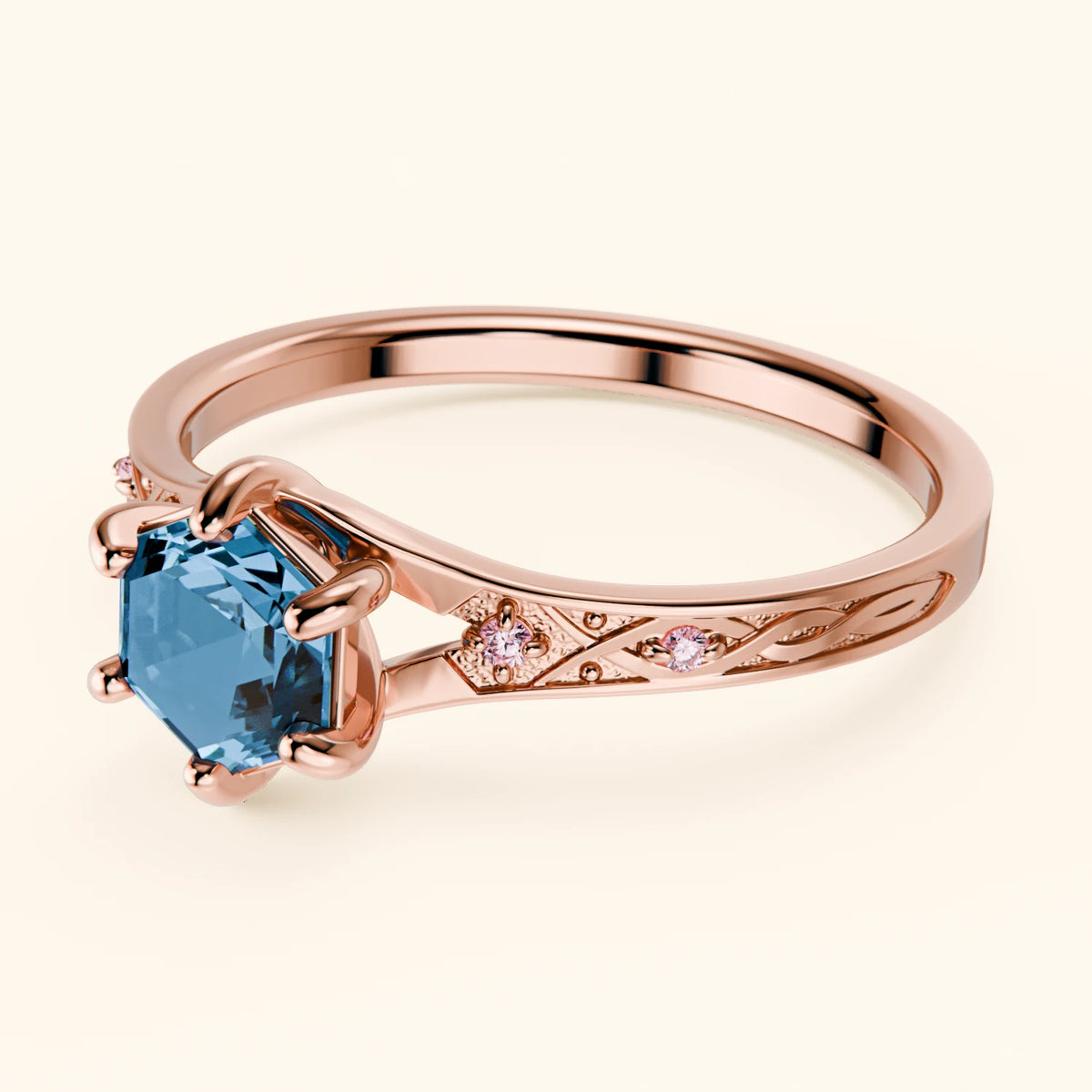 Engagement Ring Prisme - 0.70ct Swiss Blue Topaz with Lab Pink Diamond Side Stones