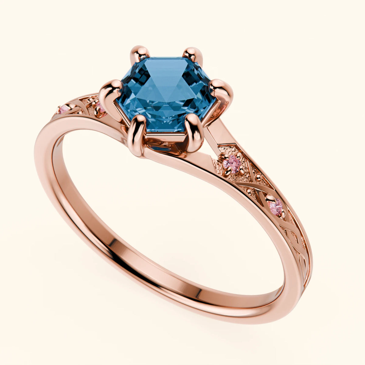 Engagement Ring Prisme - 0.70ct Swiss Blue Topaz with Lab Pink Diamond Side Stones