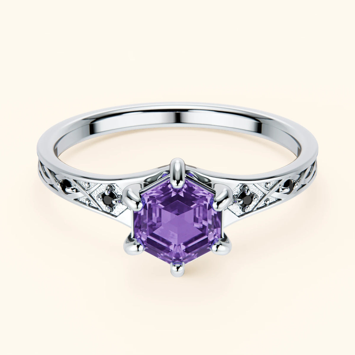 Engagement Ring Prisme - 0.55ct Amethyst with Black Diamond Side Stones