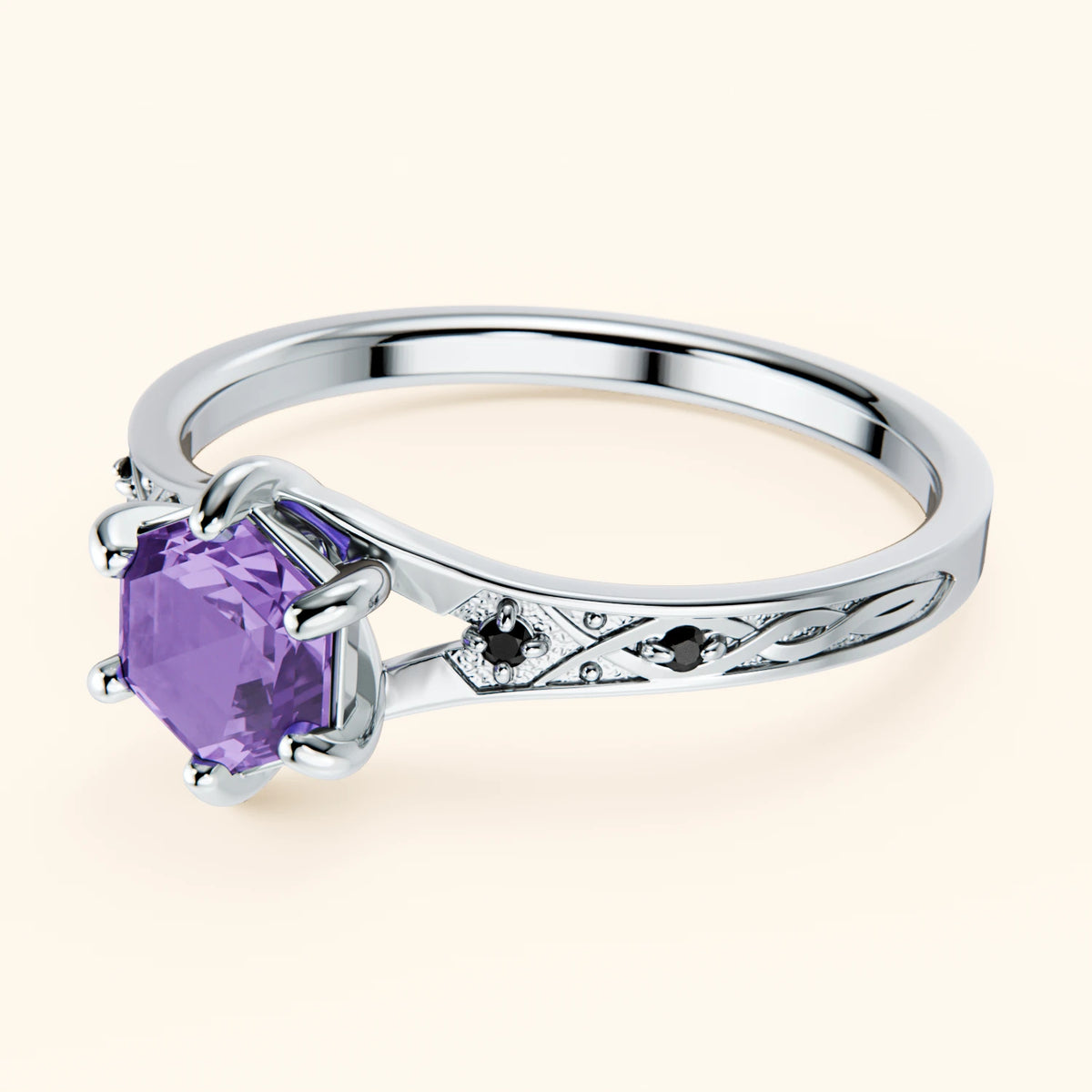 Engagement Ring Prisme - 0.55ct Amethyst with Black Diamond Side Stones