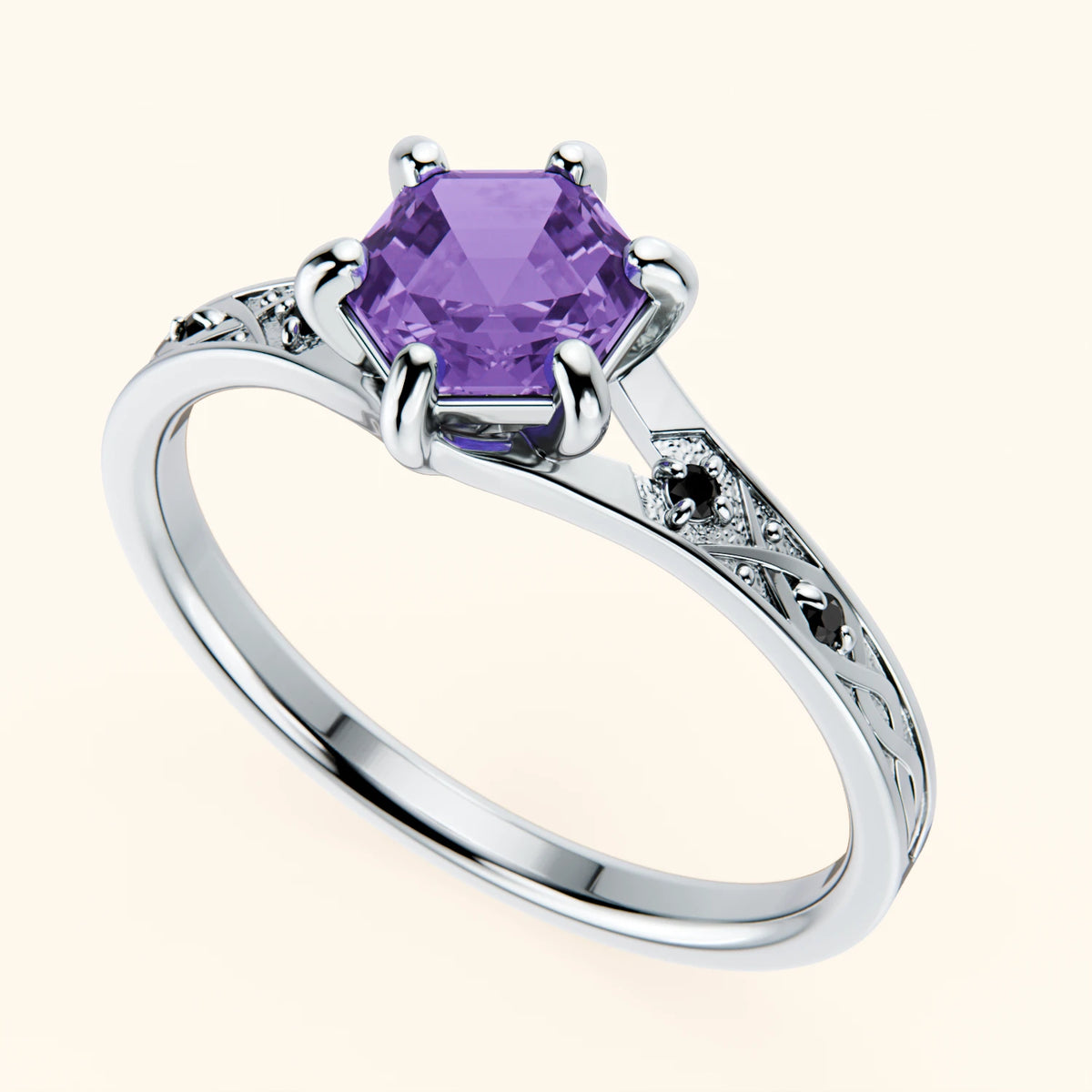 Engagement Ring Prisme - 0.55ct Amethyst with Black Diamond Side Stones