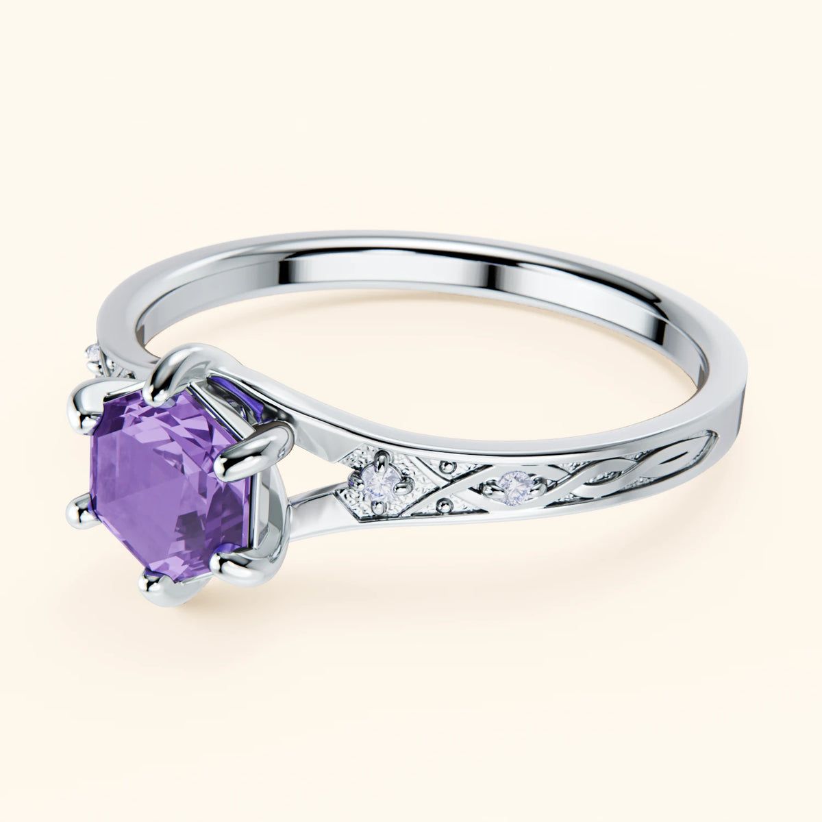 Engagement Ring Prisme - 0.55ct Amethyst with Natural Diamond Side Stones