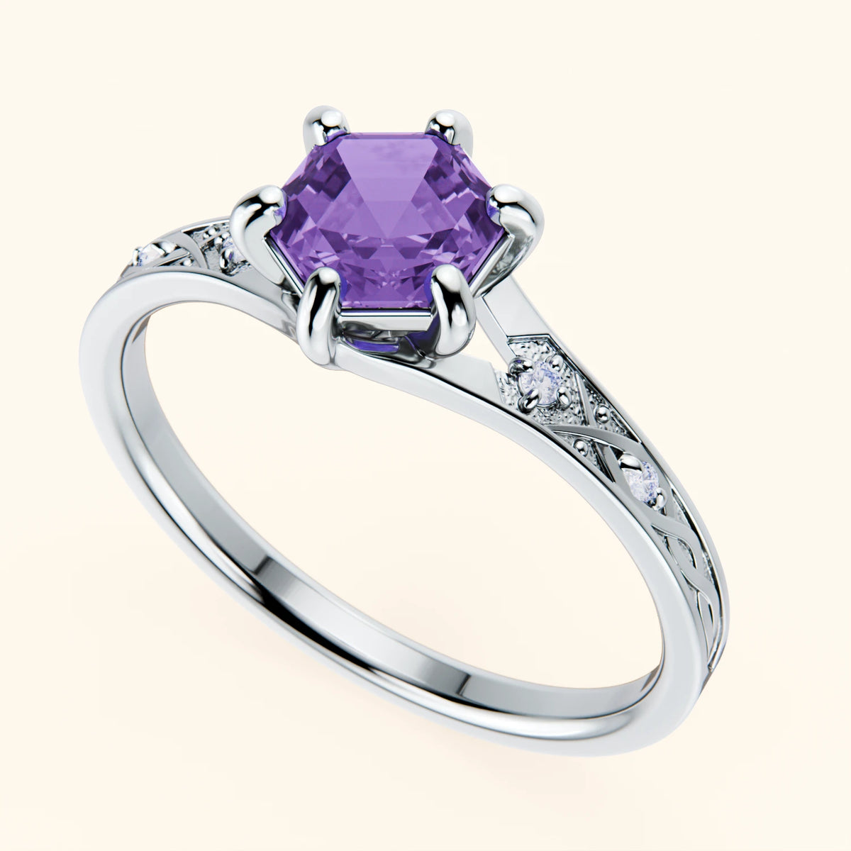 Engagement Ring Prisme - 0.55ct Amethyst with Natural Diamond Side Stones