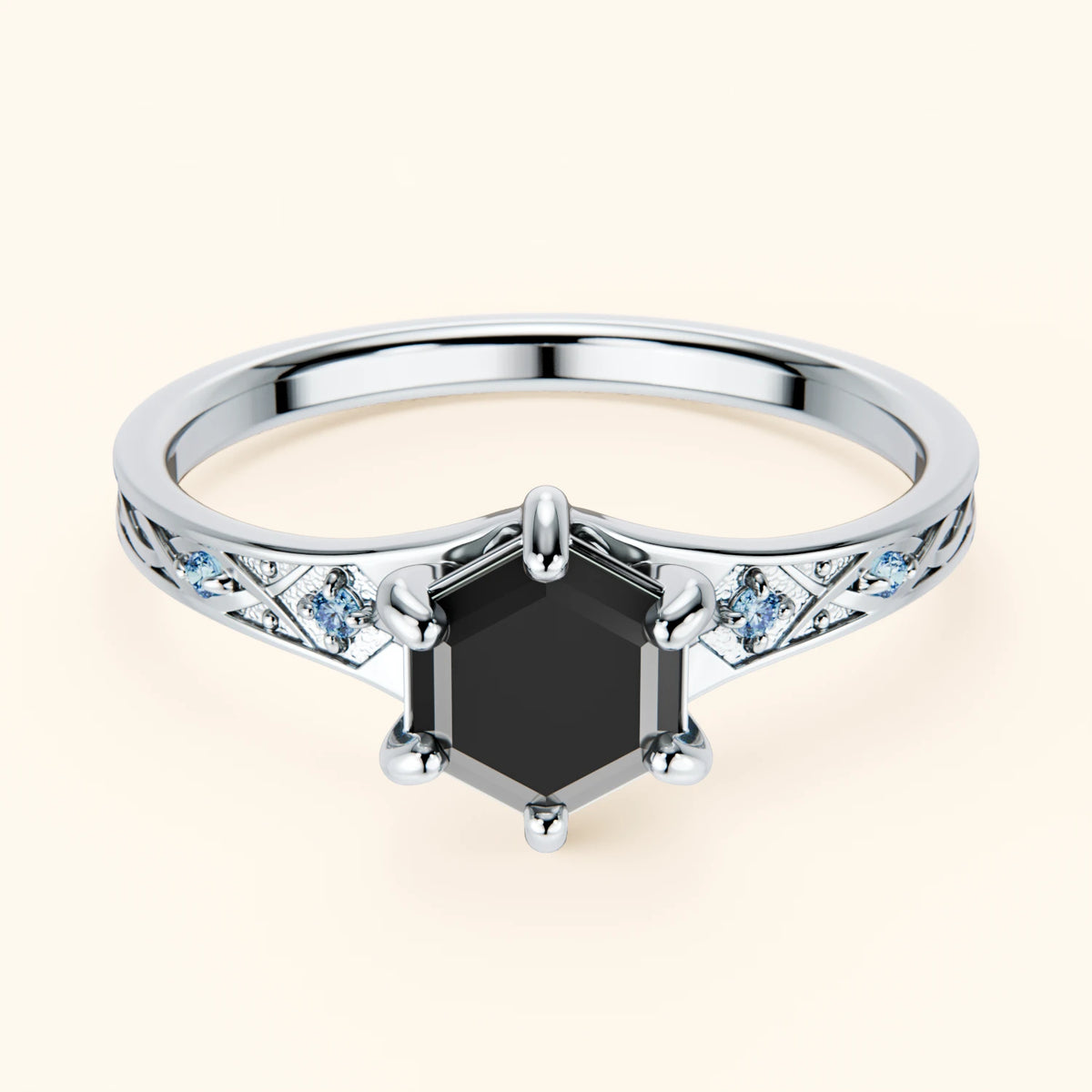 Engagement Ring Prisme - 0.9ct Black Diamond with Lab Blue Diamond Side Stones