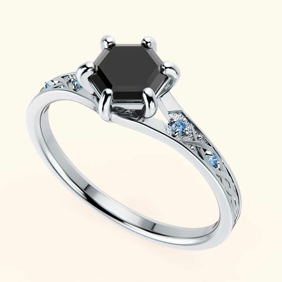 Engagement Ring Prisme - 0.9ct Black Diamond with Lab Blue Diamond Side Stones