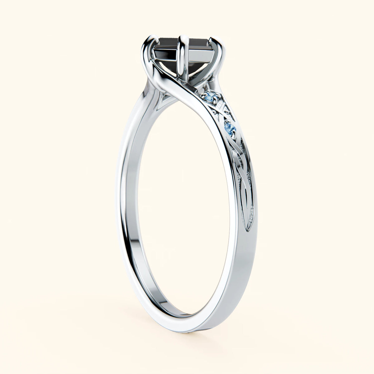 Engagement Ring Prisme - 0.9ct Black Diamond with Lab Blue Diamond Side Stones