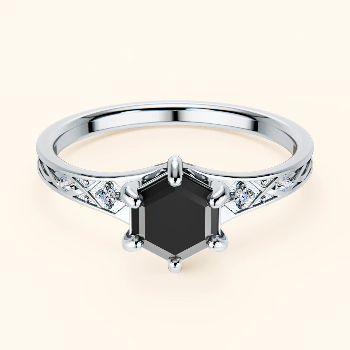Engagement Ring Prisme - 0.9ct Black Diamond with Natural Diamond Side Stones