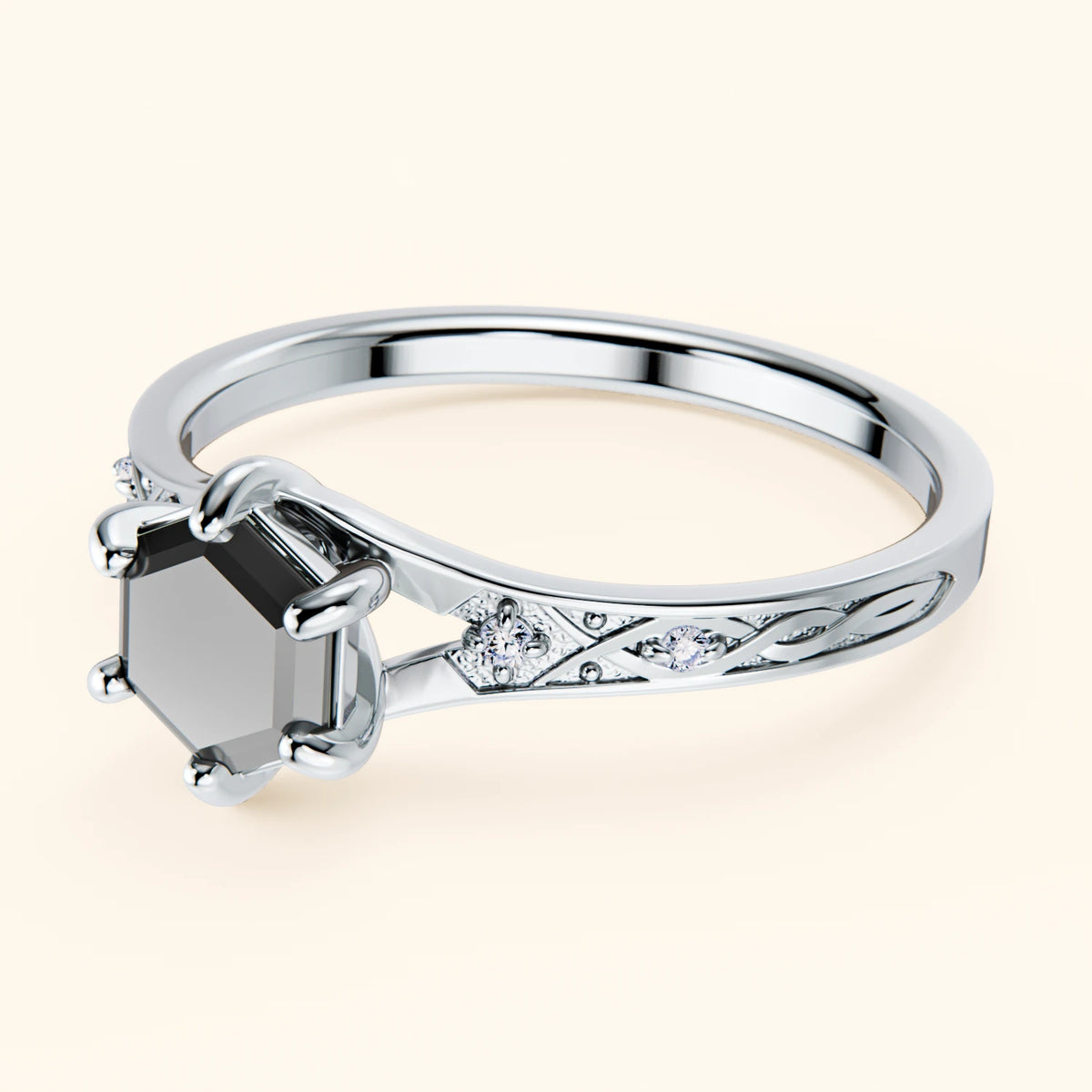 Engagement Ring Prisme - 0.9ct Black Diamond with Natural Diamond Side Stones