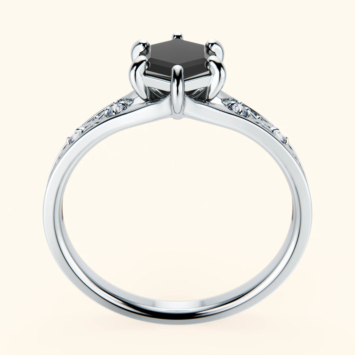 Engagement Ring Prisme - 0.9ct Black Diamond with Natural Diamond Side Stones