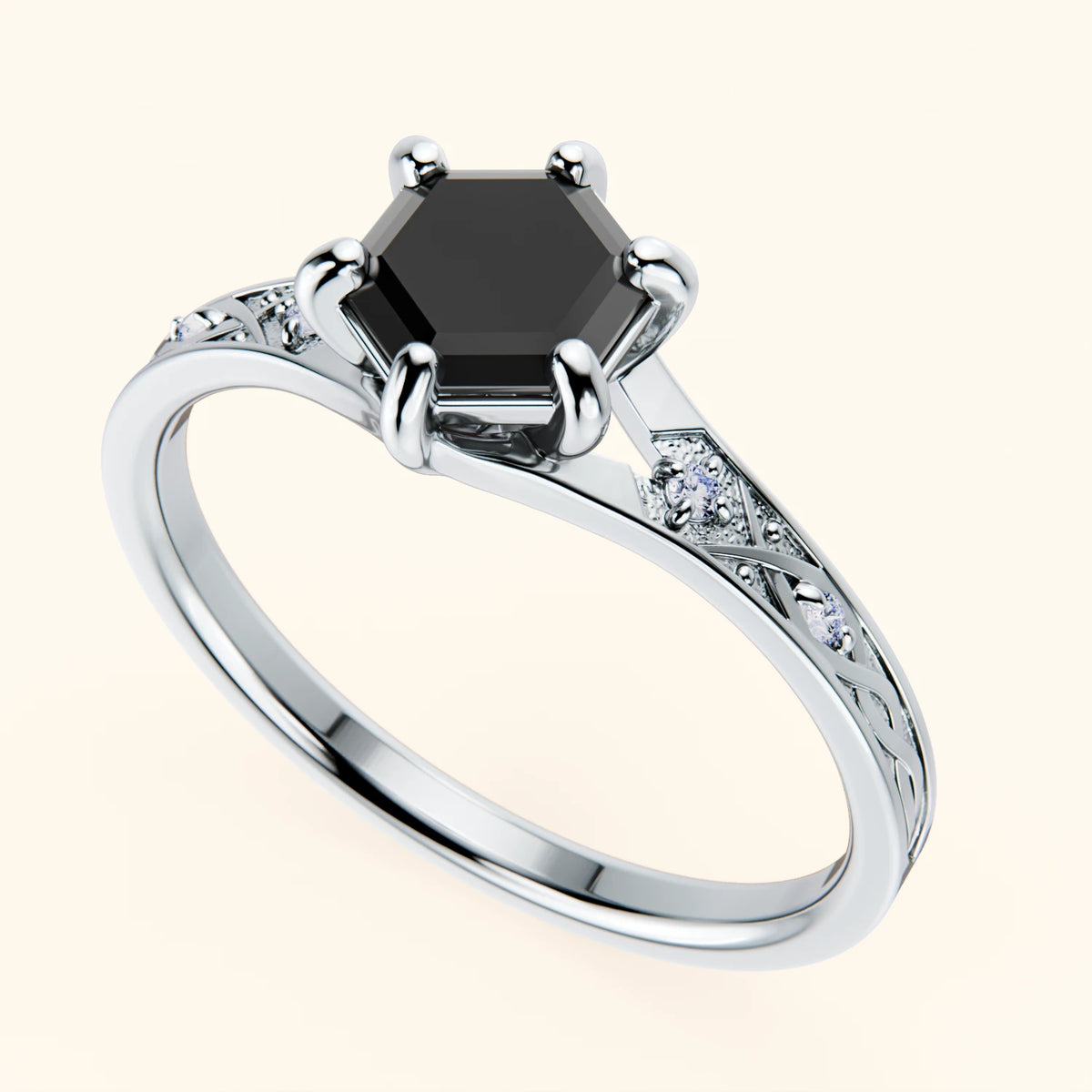 Engagement Ring Prisme - 0.9ct Black Diamond with Natural Diamond Side Stones