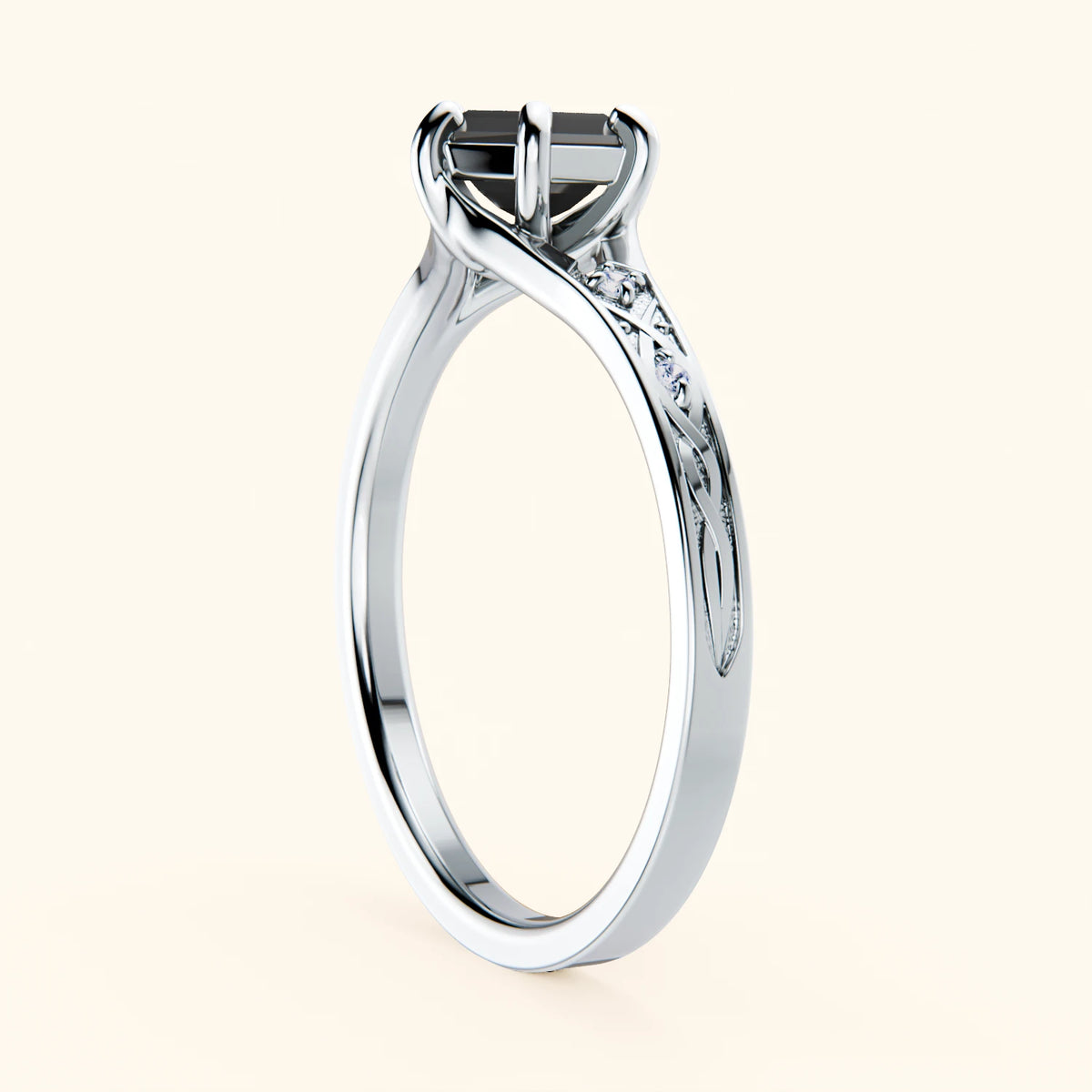 Engagement Ring Prisme - 0.9ct Black Diamond with Natural Diamond Side Stones