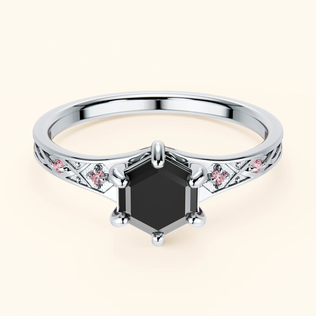 Pierścionek zaręczynowy Prisme – Czarny diament 0,9 ct, kamienie boczne: różowy diament laboratoryjny