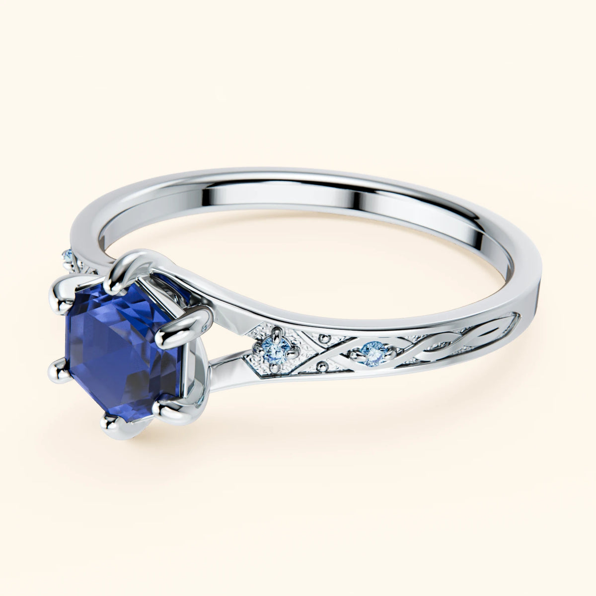 Engagement Ring Prisme - 0.80ct Lab Blue Sapphire with Lab Blue Diamond Side Stones