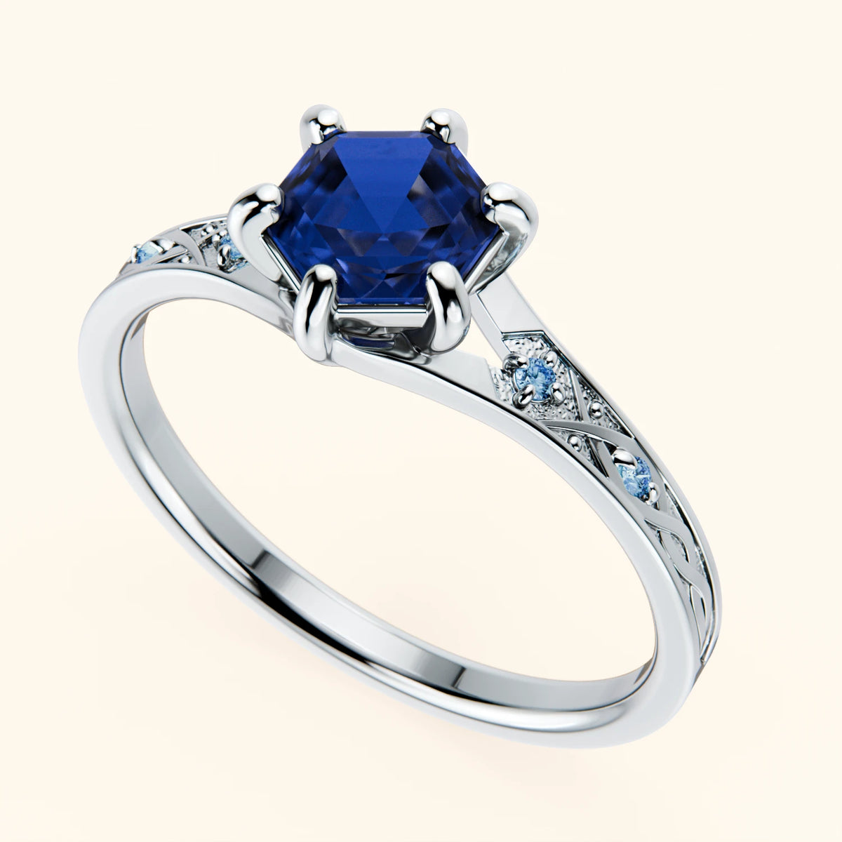 Engagement Ring Prisme - 0.80ct Lab Blue Sapphire with Lab Blue Diamond Side Stones