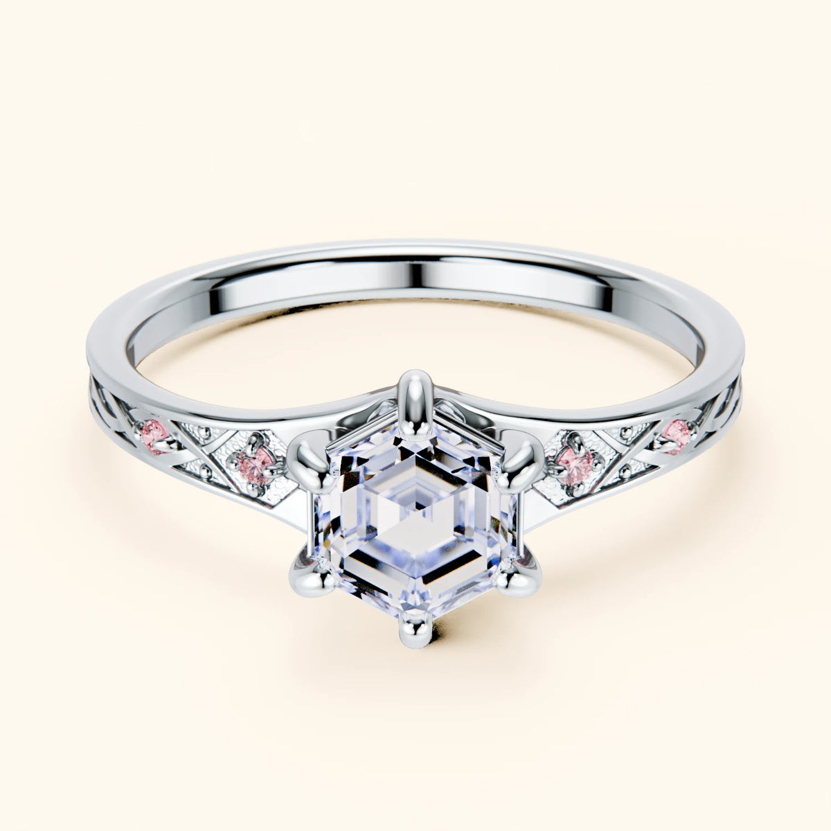 Engagement Ring Prisme - 0.9ct Natural Diamond with Lab Pink Diamond Side Stones