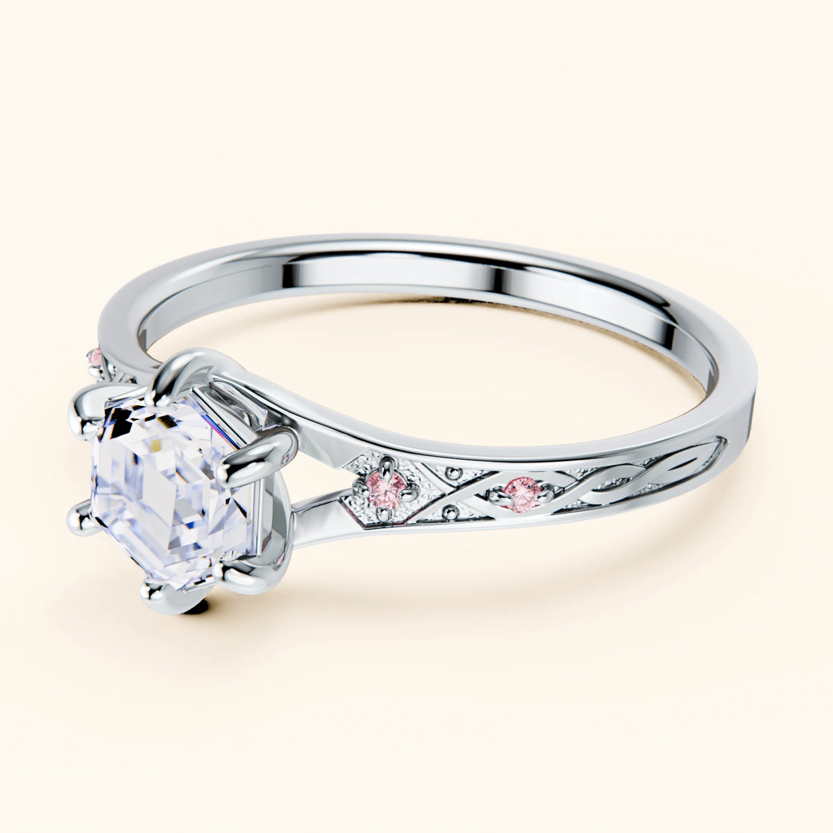 Engagement Ring Prisme - 0.9ct Natural Diamond with Lab Pink Diamond Side Stones