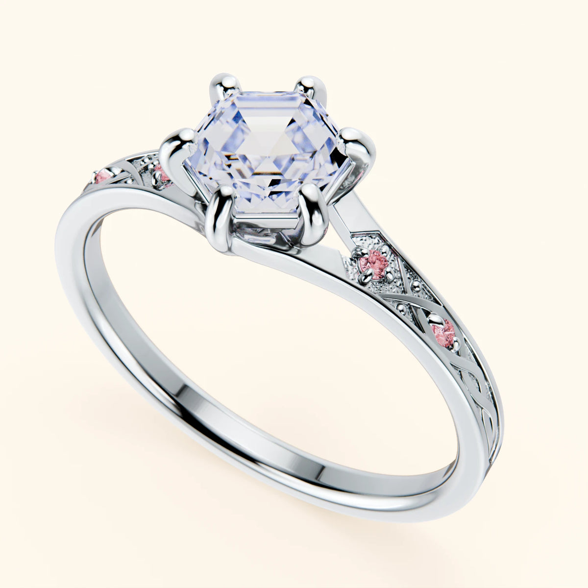Engagement Ring Prisme - 0.9ct Natural Diamond with Lab Pink Diamond Side Stones