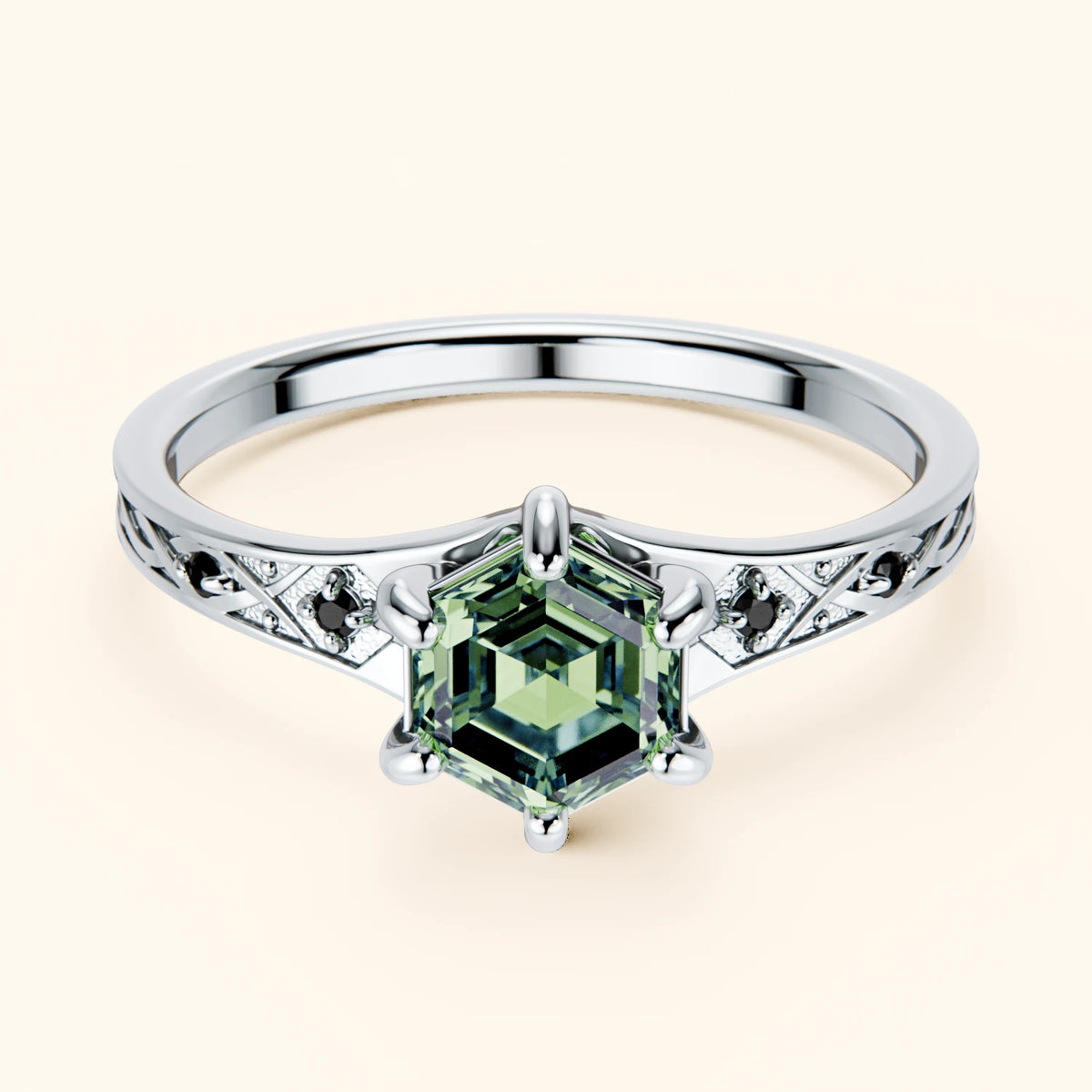 Engagement Ring Prisme - 0.9ct Lab Green Diamond with Black Diamond Side Stones