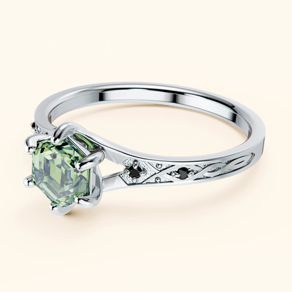 Engagement Ring Prisme - 0.9ct Lab Green Diamond with Black Diamond Side Stones