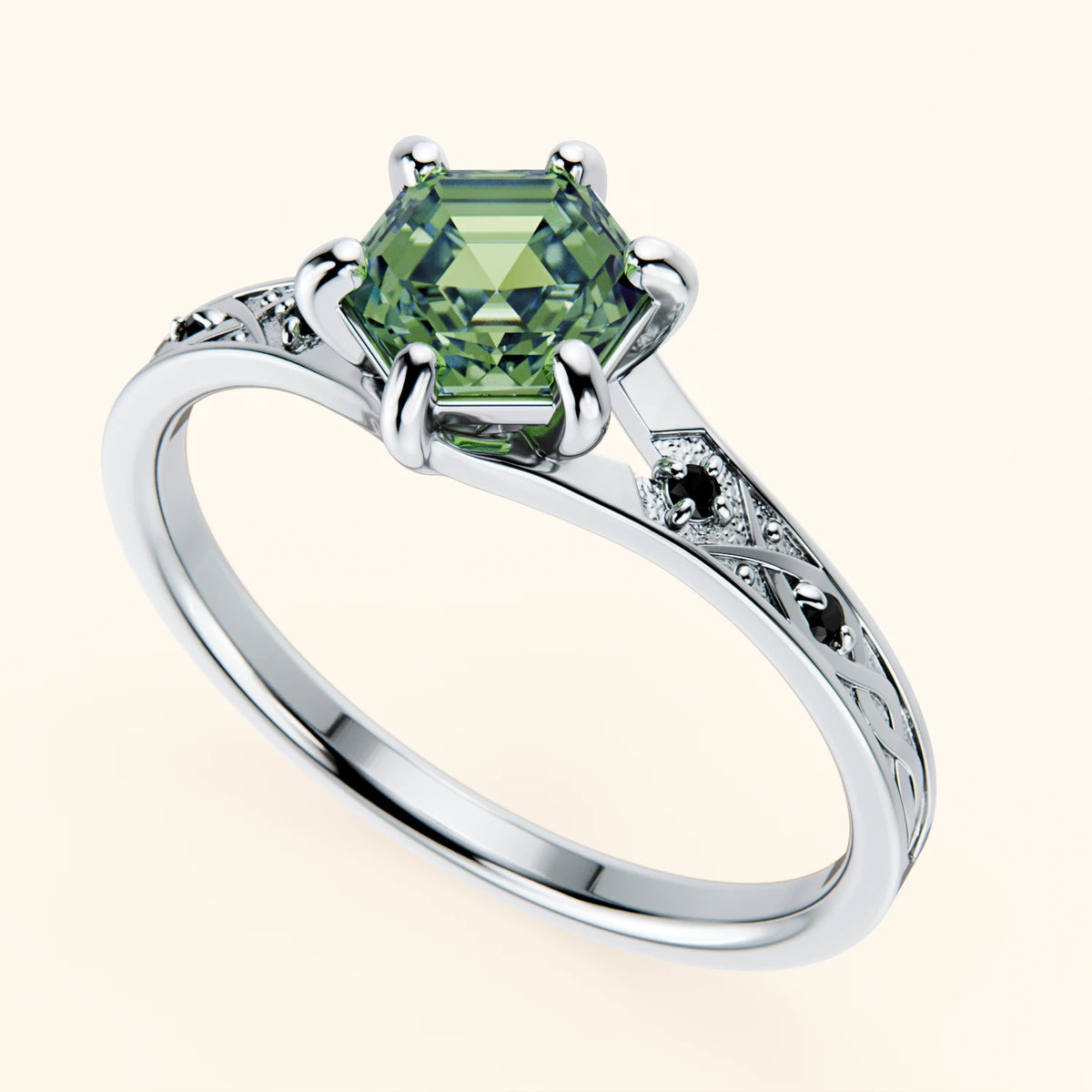 Engagement Ring Prisme - 0.9ct Lab Green Diamond with Black Diamond Side Stones