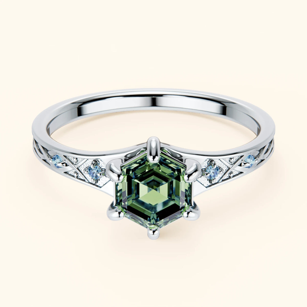 Engagement Ring Prisme - 0.9ct Lab Green Diamond with Lab Blue Diamond Side Stones