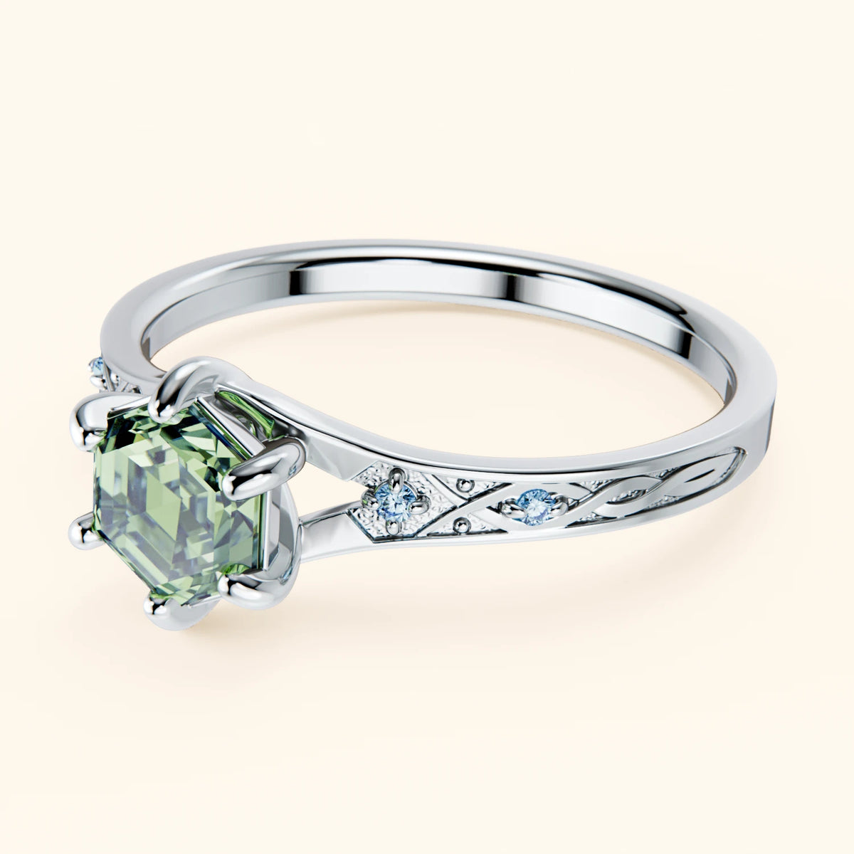 Engagement Ring Prisme - 0.9ct Lab Green Diamond with Lab Blue Diamond Side Stones