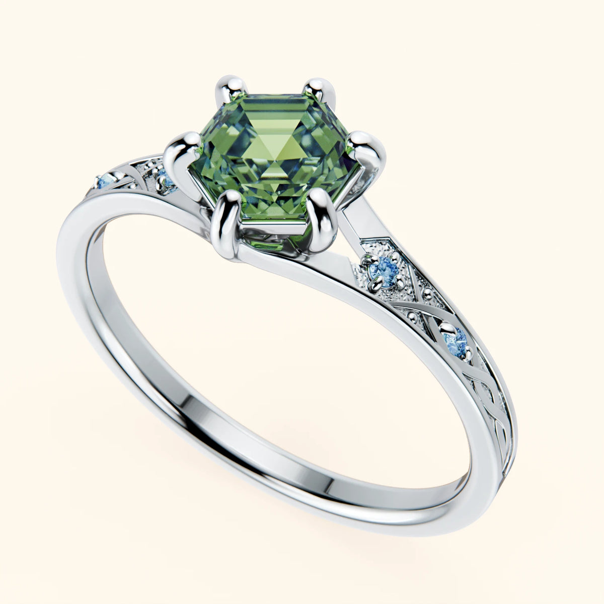 Engagement Ring Prisme - 0.9ct Lab Green Diamond with Lab Blue Diamond Side Stones