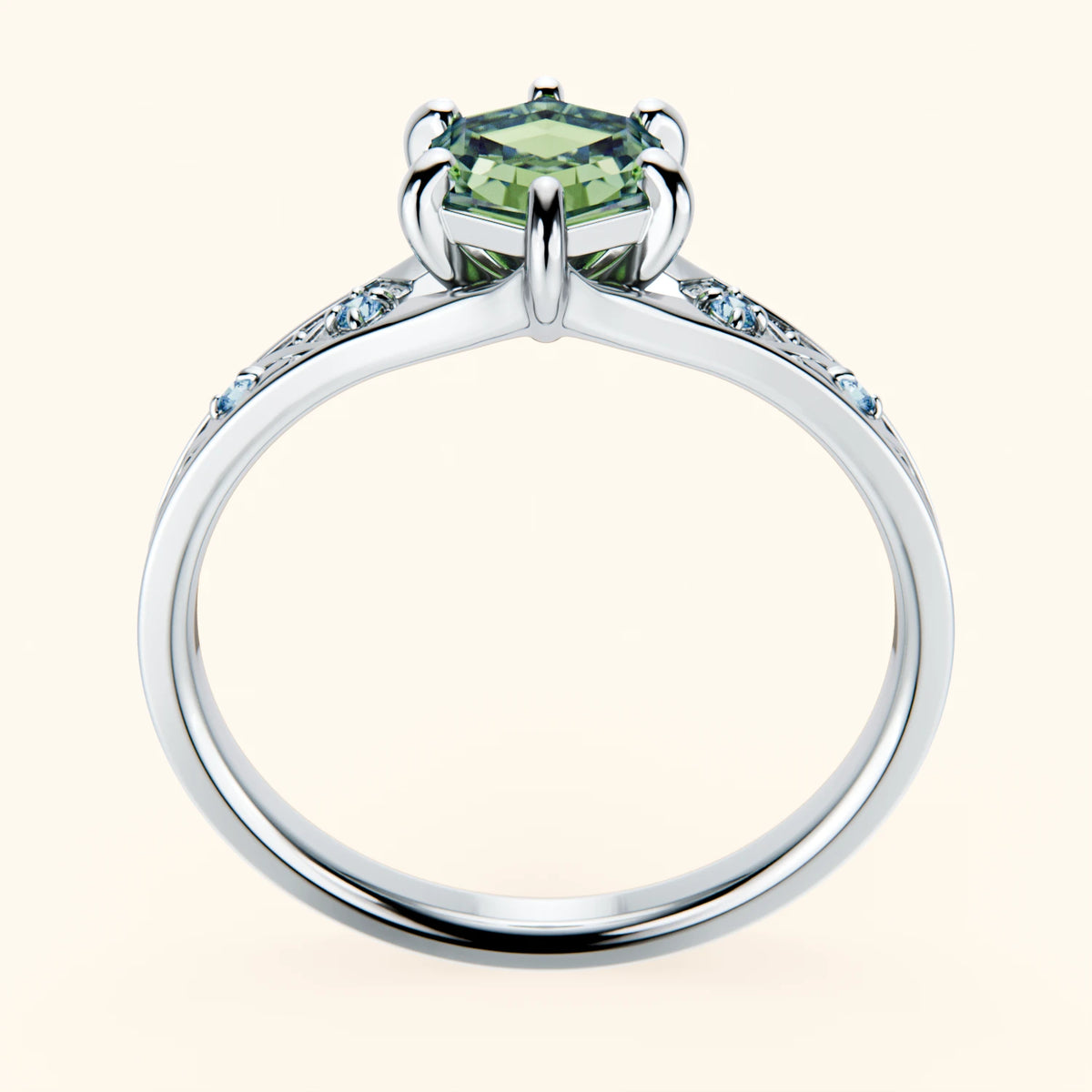 Engagement Ring Prisme - 0.9ct Lab Green Diamond with Lab Blue Diamond Side Stones