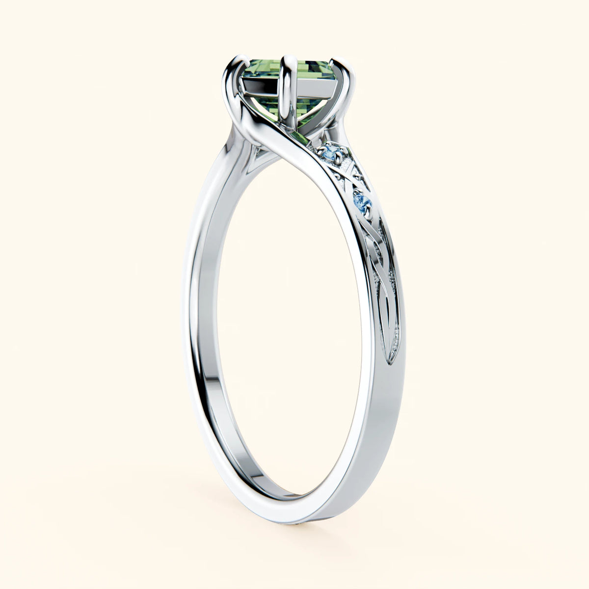Engagement Ring Prisme - 0.9ct Lab Green Diamond with Lab Blue Diamond Side Stones