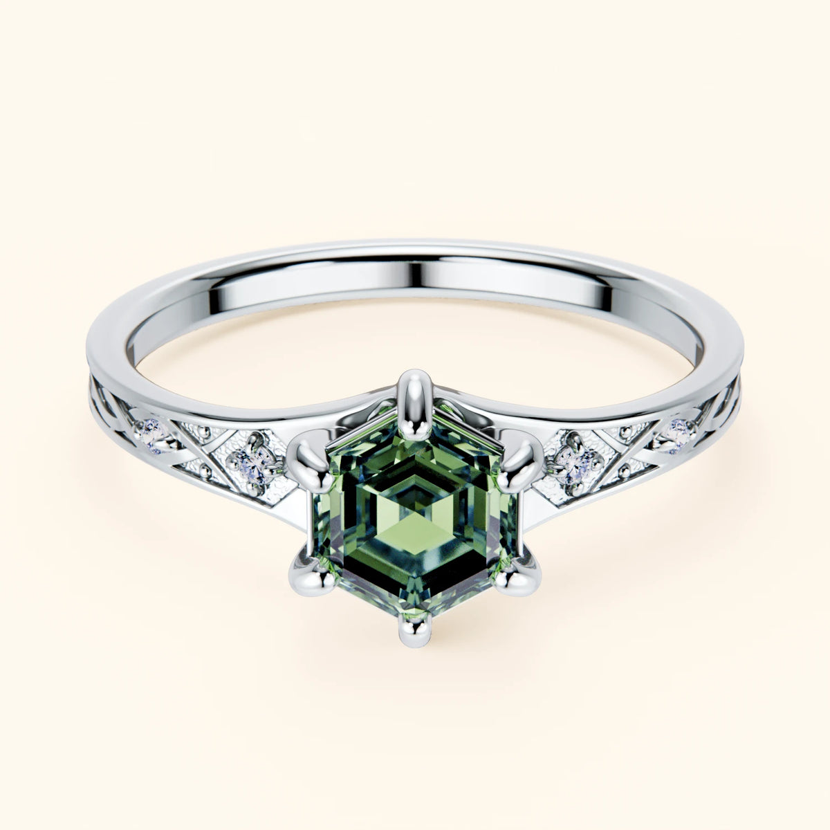 Engagement Ring Prisme - 0.9ct Lab Green Diamond with Natural Diamond Side Stones